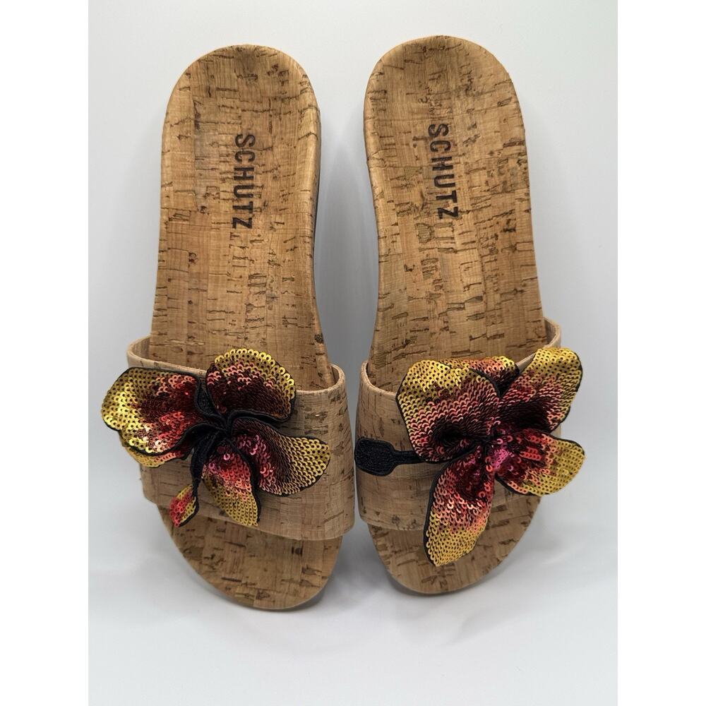 Schutz Women’s Cork Slide Sandals W/ Sequin Flower Embellishment Size 7.5 Brazil